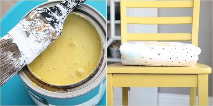 bir sandalyeye yeniden bakmak için sarı renk için boya, eski bir mobilya parçasına nasıl yeniden bakılacağına dair fikir