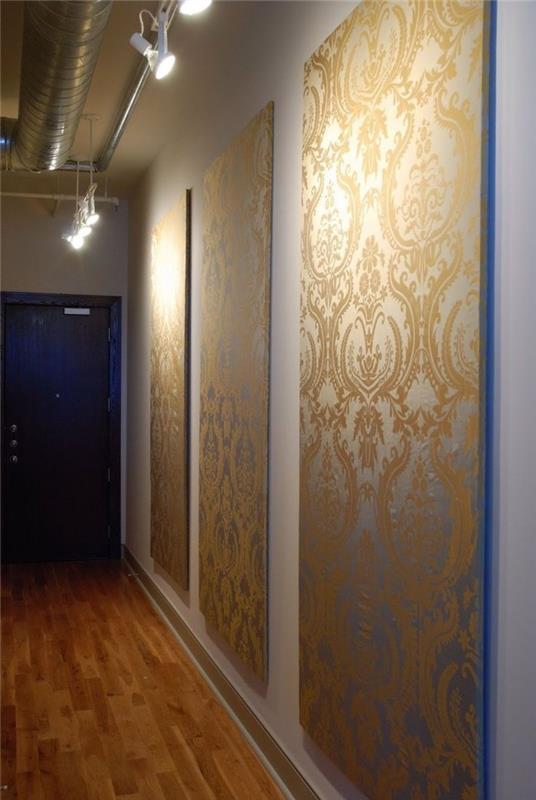 oturma odası için boyama-orijinal-fikir-üç-paneller-üç parça-altın-koridor