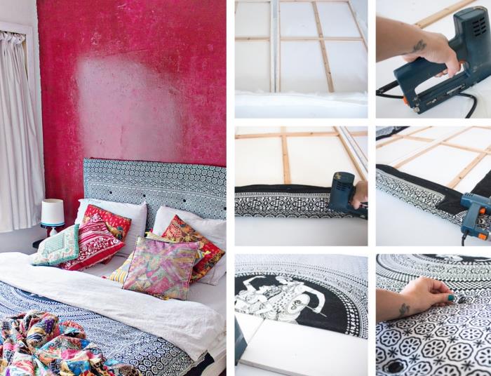 etnik desenli objeler ve kırmızı boya ile kumaş başlık, yatak odası dekorasyonu nasıl yapılır