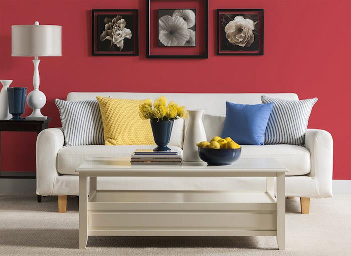 rdeča barva za naglasno steno, bela mizica in kavč, biserno siva preproga, modra, rumena blazina, črni okvir s fotografijami cvetja