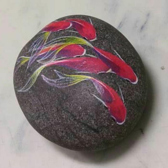 tapyba akmenukais, dekoratyvinės žuvys, nupieštos ant juodo dažyto akmenuko