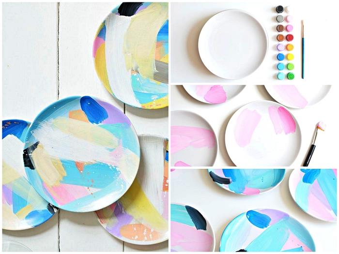 ustvarjalna dejavnost s porcelansko barvo, porcelanski krožniki pobarvani z večbarvnimi abstraktnimi vzorci