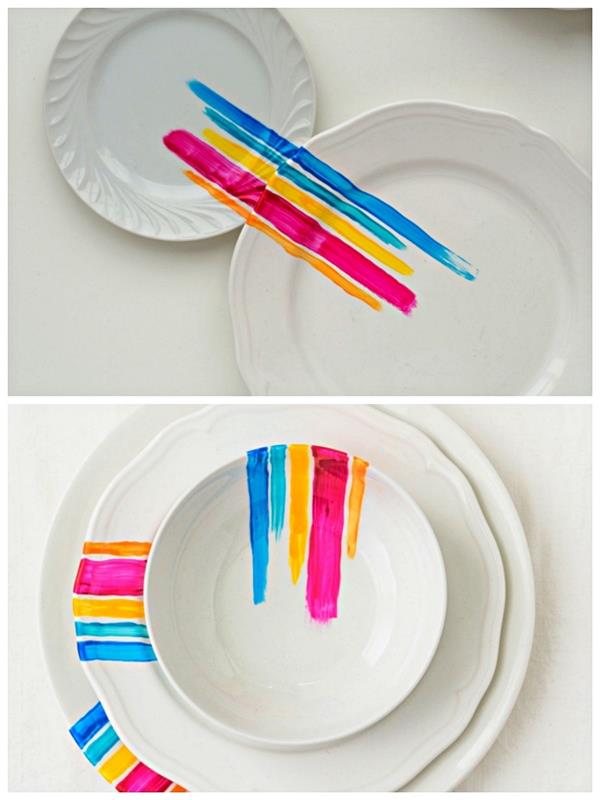 barvni trakovi iz porcelanaste barve na belih krožnikih, ideje za prilagoditev vaših jedi