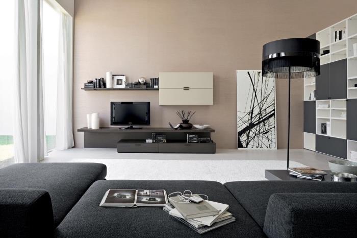 sodobna dekoracija dnevne sobe z bež barvo peska in črnim pohištvom, sodobno notranjo opremo z nevtralnimi barvami