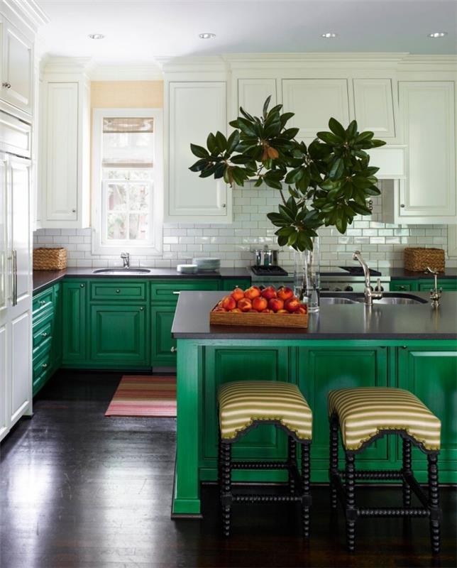 dopolnilna barvna ideja zelene v beli kuhinji, kuhinjski dekor v obliki črke L s osrednjim otokom v beli in zeleni barvi