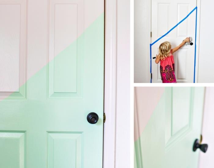genç kız yatak odası dekoru, beyaz ahşap kapıyı dekore etme fikri, washi bant ve pastel yeşil boya ile dekor