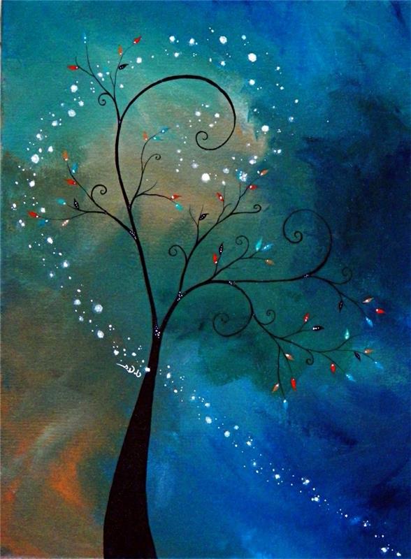 Akriliklerle modern soyut resimler, mavi yeşil bir gökyüzünün arka planında stilize ağaç resmi boyama