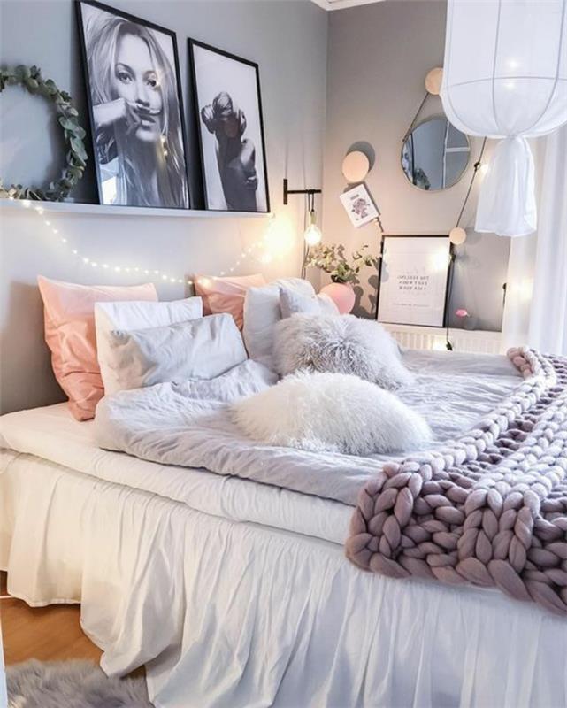 dekoracija spalnice za dekleta, roza kremenčeve blazine, rožnat kariran, belo in sivo posteljnina, vzmetenje z lastnimi rokami, dekoracija sten za fotografije, svetel parket