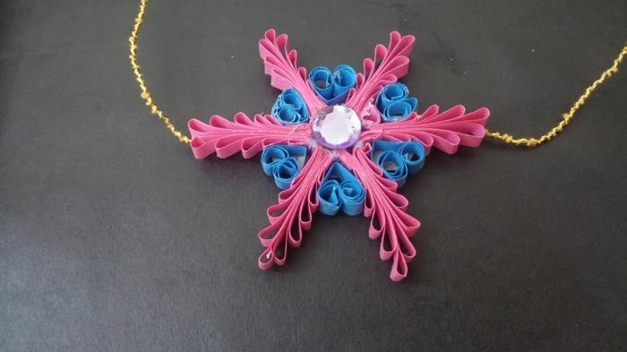 pembe ve mavi kar tanesi modeli quilling, altın zincir, el yapımı takılar