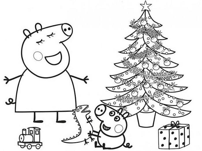 Peppa Pig Noel güzelce dekore edilmiş ağacın etrafında boyama, çocuk oyuncakları, kolay Noel çizimi, kendin yapabileceğin en güzel çizim