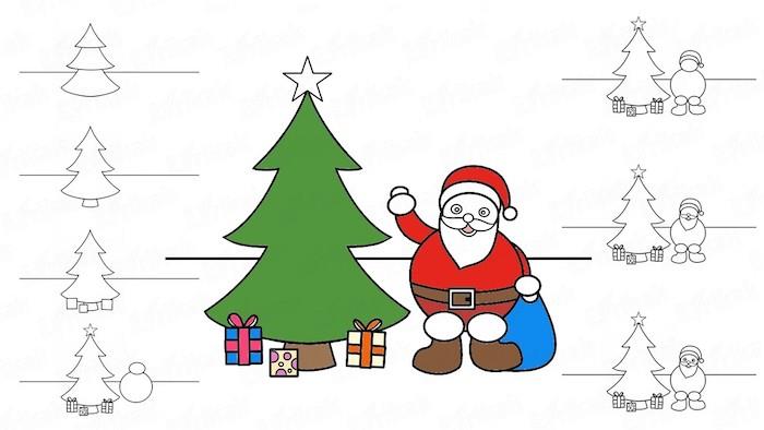 Noel ağacı ve Noel Baba, adım adım hediye çizimi, Noel çizimini yeniden üretmesi kolay, çizmeyi öğrenin