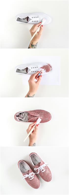 Ecco come trasformare le vecchie scarpe di ginnastica, colore rosa glitter da mettere con un pennello
