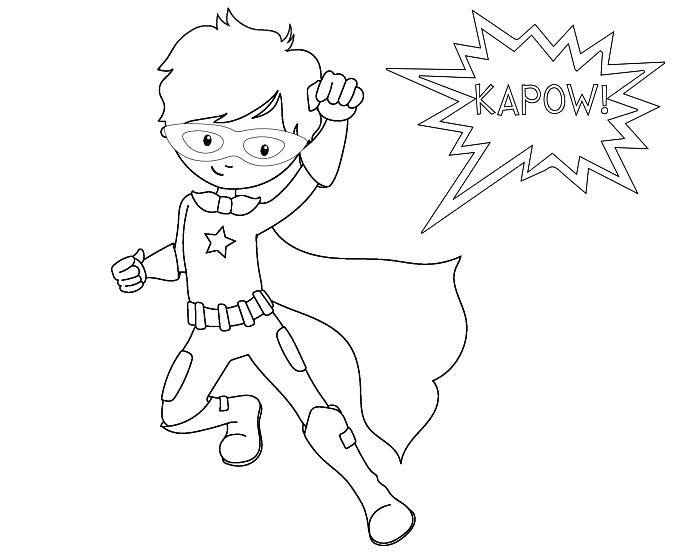 lengva spalvinti superherojų tema, nuspalvinti superherojų berniuką kostiumu su apsiaustu ir komiksų burbulą spalvinti