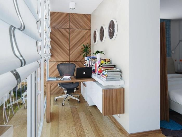 örnek ofis mobilyaları ve depolama ile beyaz ve ahşap duvarlı bir koridorda küçük bir ofis nasıl düzgün bir şekilde düzenlenir