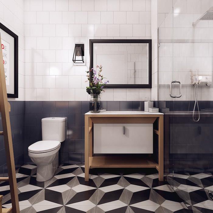 Kopalniška omara v skandinavskem slogu z vgrajenim umivalnikom s 3D ploščicami in dvobarvno sivo belo steno