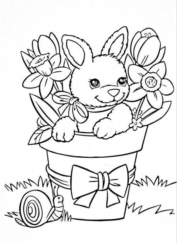 izvirna velikonočna risba, srčkan zajček v lončku, okrašen s trakom in rožami v notranjosti