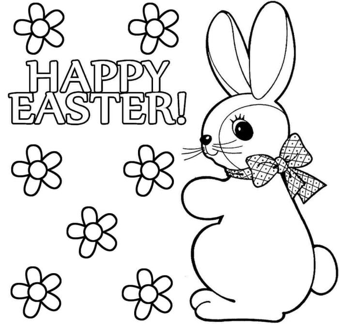 küçük tavşan ve çiçeklerle basit bahar boyama sayfası, küçükler için yazdırmak ve renklendirmek için basit Paskalya illüstrasyonu