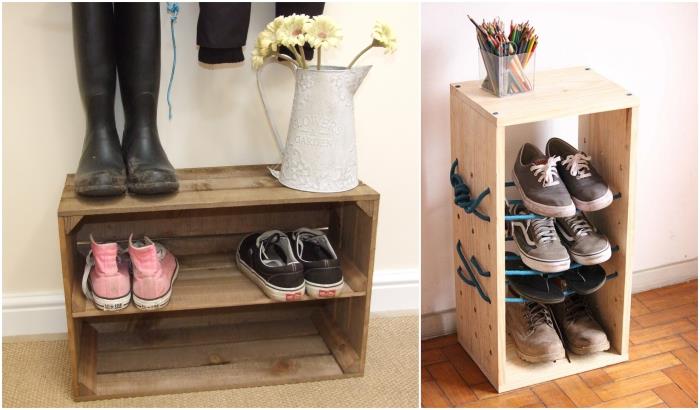 idėja apie mažą batų spintelę iš regeneruotos medienos, vietą taupantys įėjimo patarimai