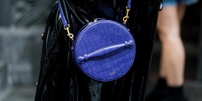 madinga mėlyna rankinė, pečių krepšys, apskritas krepšys su rankena ir petnešomis