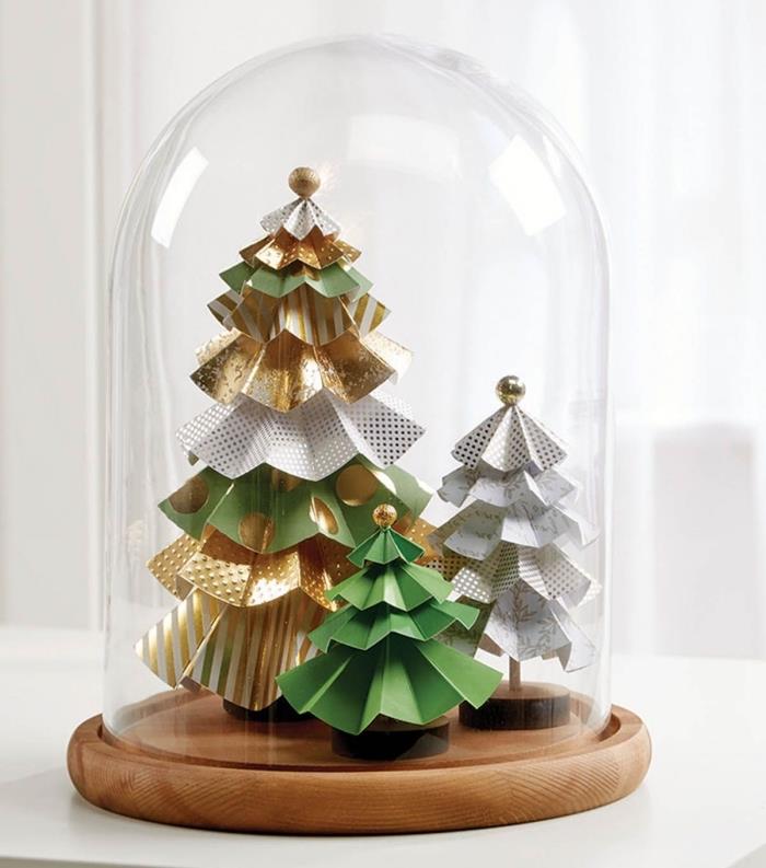 Kalėdų dekoravimo idėjos iš popieriaus, mažos popierinės eglutės, padėtos po varpu pasakai ir stebuklingam Kalėdų kraštovaizdžiui