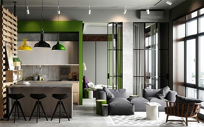 yeşil desenli gri daire, sarkıt lambalar, gri koltuklar, beton tavan, endüstriyel tarzda mutfak alanı