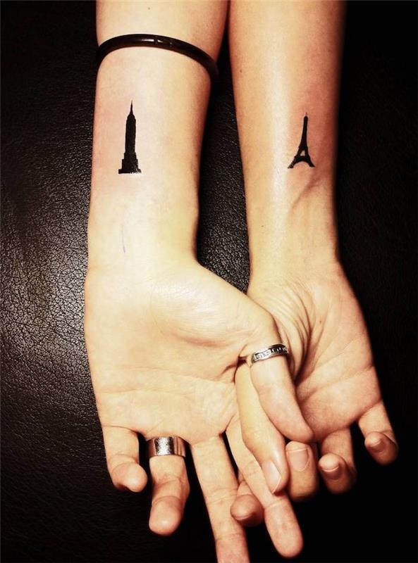 kelionių dizaino tatuiruotė moterims, rašalo piešimas ant riešų, architektūros tatuiruotė moterims