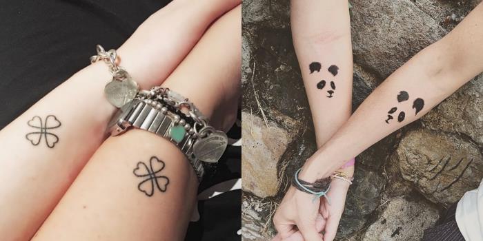 tatuiruotės dizainas, pieštuku tapytas kūno piešinys ant rankų, moteriška tatuiruotė su panda ir trefoil dizainas