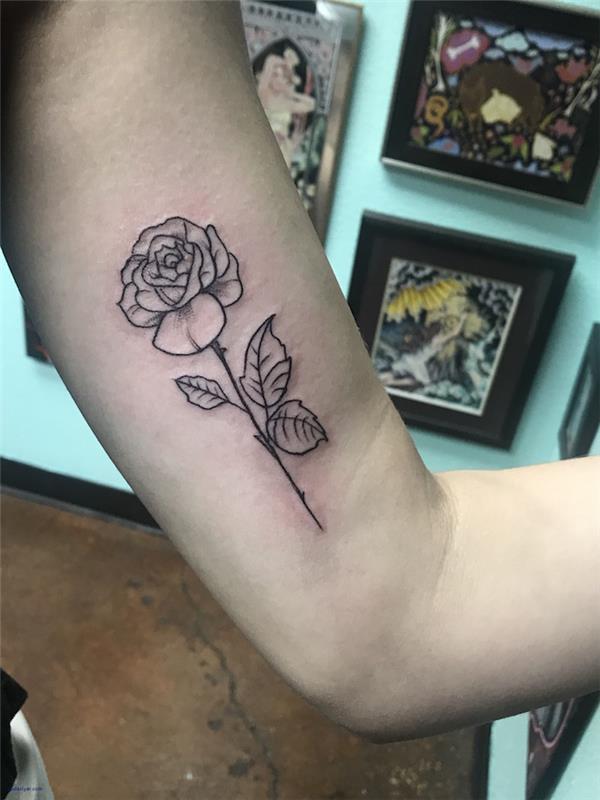 Majhna preprosta tetovaža vrtnice s črno črto na notranji roki