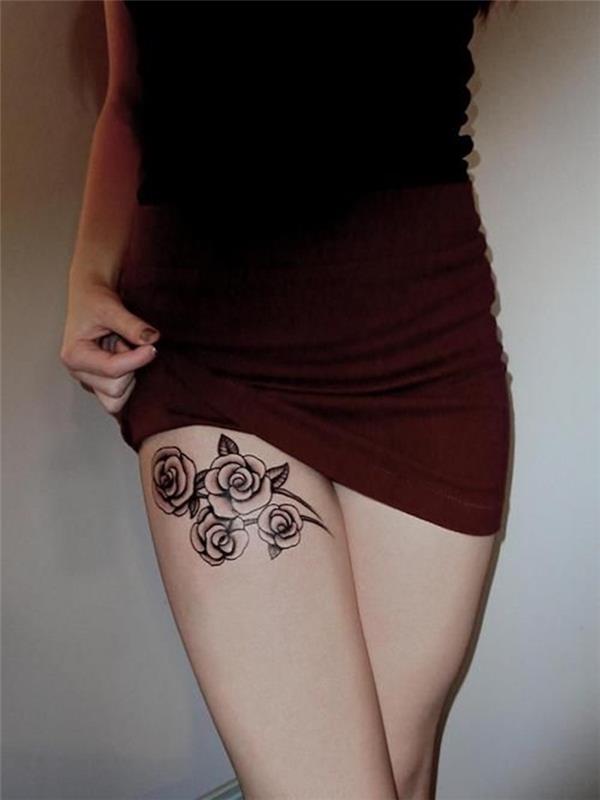 Rožių šlaunies tatuiruotė moterims viršutinės kojos tatuiruotė