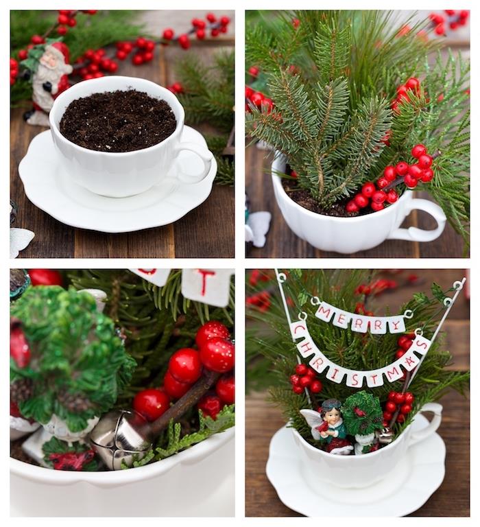 mažas terariumas baltos arbatos puodelyje su eglės šakų puošmena, raudona holija, Kalėdų stalo dekoravimas