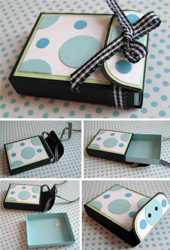 maža degtukų dėžutė, paversta dovanų dėžutės dekoravimo juostele ir mėlynais taškeliais-idėja-padaryti-kartoninę dėžutę
