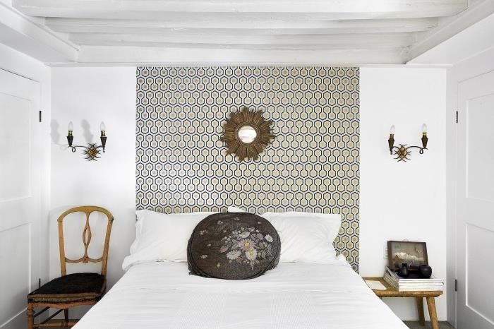 yatak odasında modaya uygun duvar dekorasyonu, yatağın üstündeki alana karakter vermek için başlık duvar kağıdı
