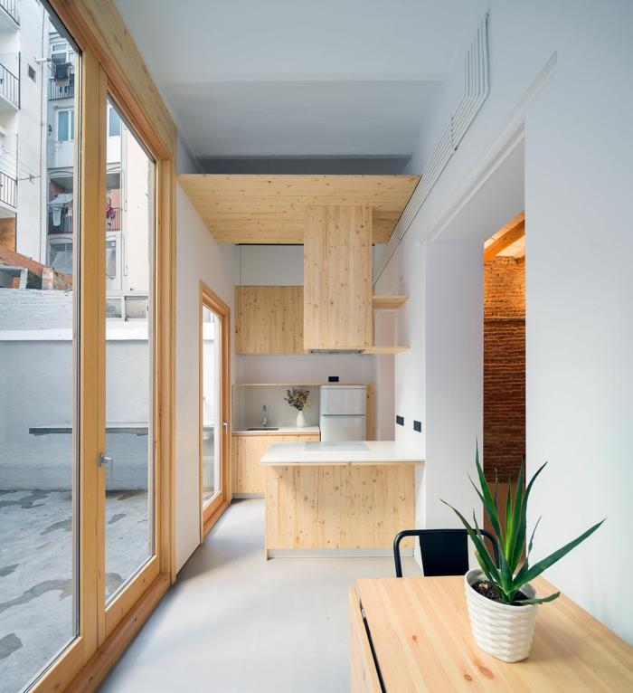 virtuvė pilka ir medinė su stiklo sienomis, gėlių vazonas, nedidelis erdvės išdėstymas, minimalistinio stiliaus virtuvė