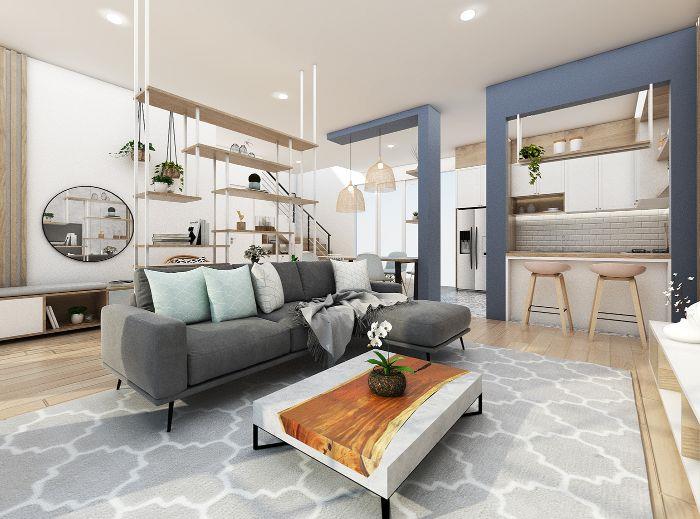 köşe kanepe ahşap ve mermer sehpa ve metal zen deco aksan ile oturma odasına açık küçük mutfak yemek odası