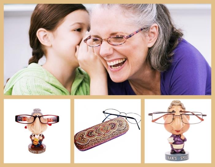 Pripomočki za očala na recept, oblikovalska slika s sivolasko za uporabo kot držalo za očala na recept