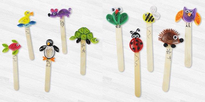 quillig za otroke, sladoledne palice in živalski vrh v quilling papirju, spomladanska ročna dejavnost