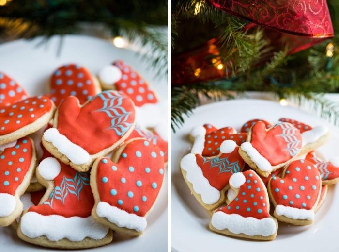 kako narediti piškote v obliki božičkovih rokavic, enostavna ideja kulinarične dekoracije z rdečo glazuro s sladkorjem v prahu