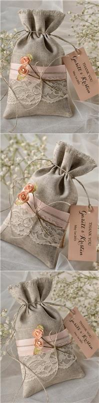 kako narediti poročno darilo za goste, majhne vrečke iz vreče, rožnati trak po meri in belo čipko iz vintage, roza etiketa