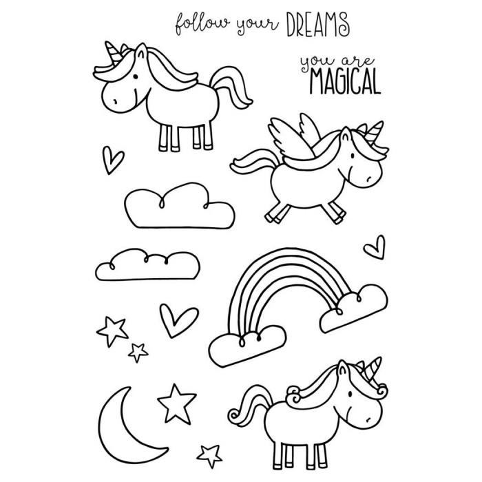 kolay çizim kawaii kanatlı veya kanatsız küçük tek boynuzlu at ilham verici mesaj ve küçük bulutlar, gökkuşağı ve yıldız tasarımları ile