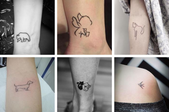 različni modeli mini tetovaže na živalsko temo, risba zaljubljenih mačk, tetoviranih na gležnju