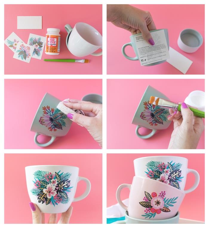adım adım kendin yap öğretici fotoğraf kolajı, arkadaşlar için kendin yap hediyeler, çiçek motifleriyle süslenmiş beyaz kahve kupası
