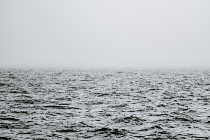 črno -bela fotografija morja in obzorja, skrita z meglo, enobarvna fotografija morske pokrajine