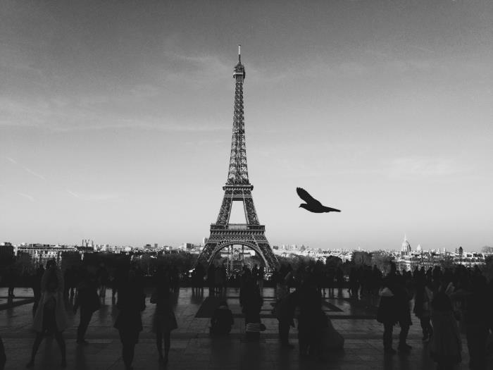 nostalgična fotografija pariškega črno -belega kraja du trocadéro z množico turistov