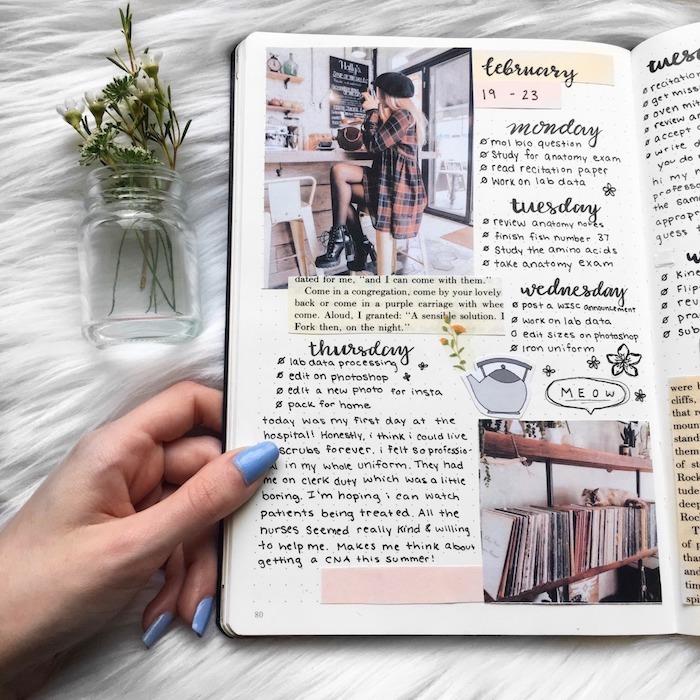 yapıştırılmış kitap kağıtları, fotoğraflar ve kaligrafik yazı, tumblr tarzı günlük ile scrapbooking mermi günlüğü fikirleri