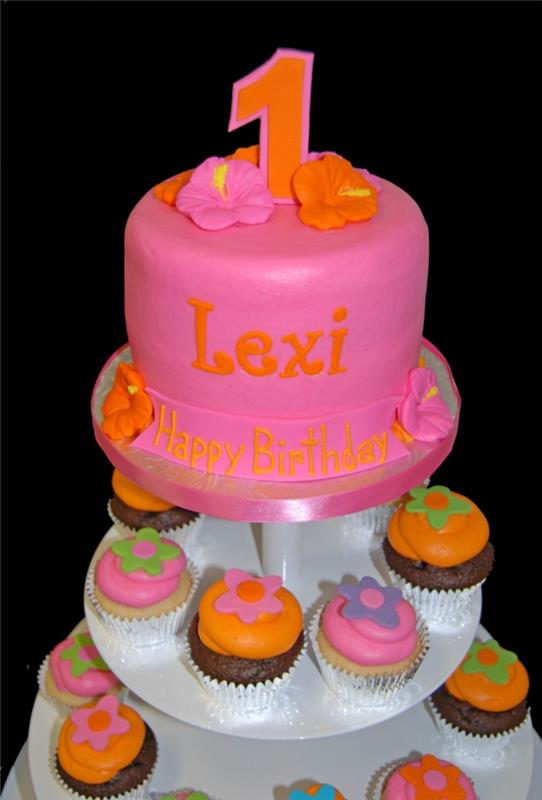 rožinis ir oranžinis keksiukų pyragas, 1 metų vaiko gimtadienio tortas, pyrago viršelis