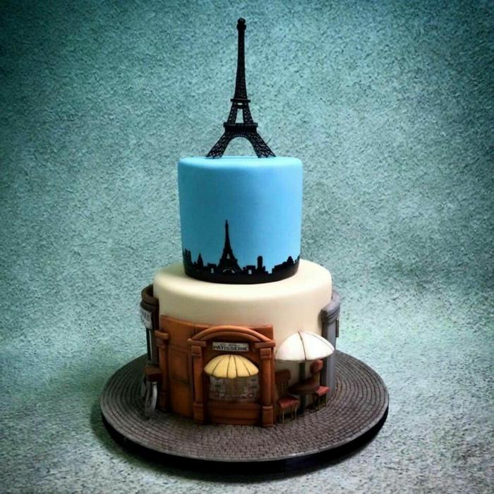 tortas su Eifelio bokštu ir Paryžiaus gatvių maketu, asmeninis gimtadienio tortas
