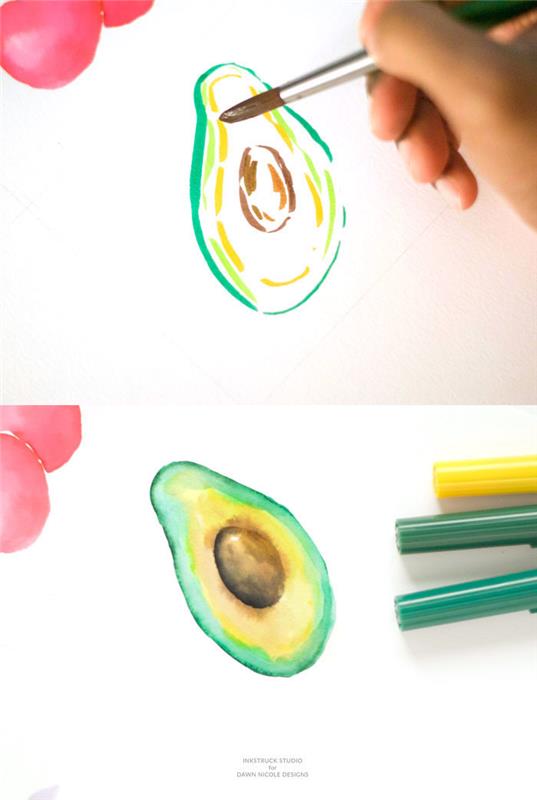 zeleni in rumeni označevalci, kako narisati avokado, slike za risanje, korak za korakom, vadnica sam