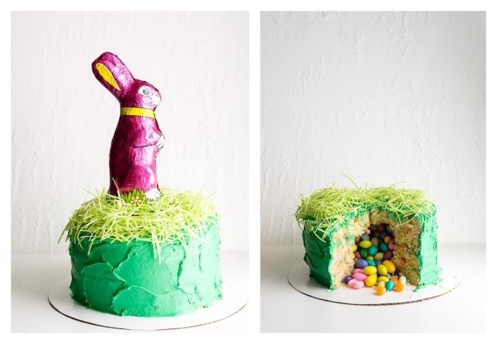 izvirna velikonočna pinata torta, prekrita s kremo iz zelenega peciva in okrašena s čokoladnim zajčkom, ki vsebuje čokoladna jajca