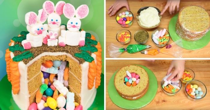 Velikonočna torta presenečenja, sestavljena iz več plasti izdolbenega biskvita, s čudovitim okrasjem zajcev v sladkorni pasti in korenja v pomarančni glazuri