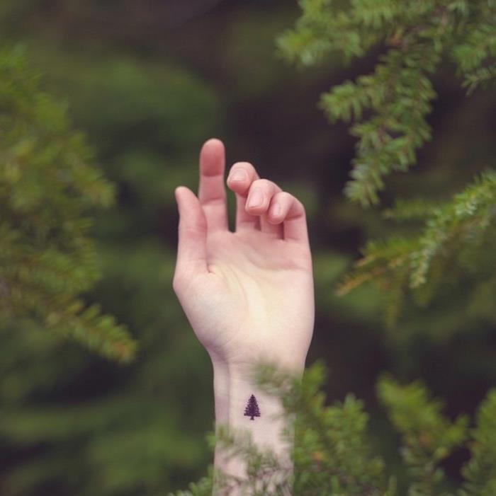pušies riešo tatuiruotė, mažos drugelio tatuiruotės, ranka tarp pušų miške
